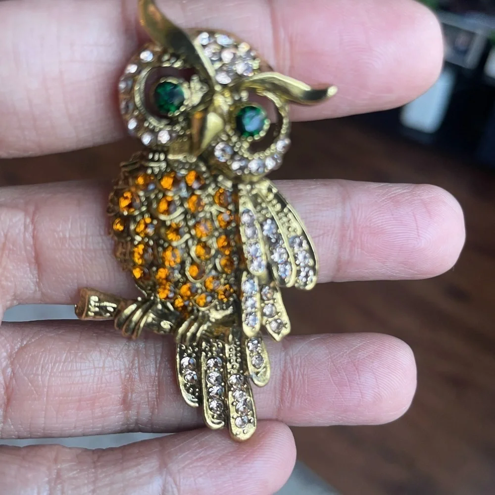 Owl Brooch with Green and Gold Accents, NWT